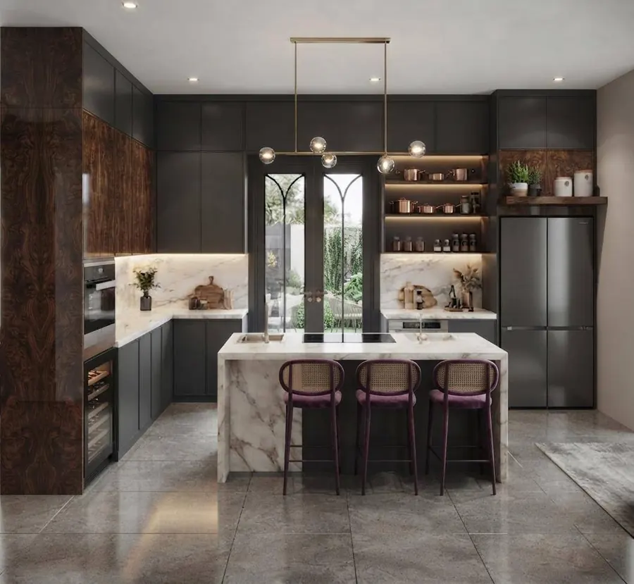 Graphite and walnut kitchen with marble island