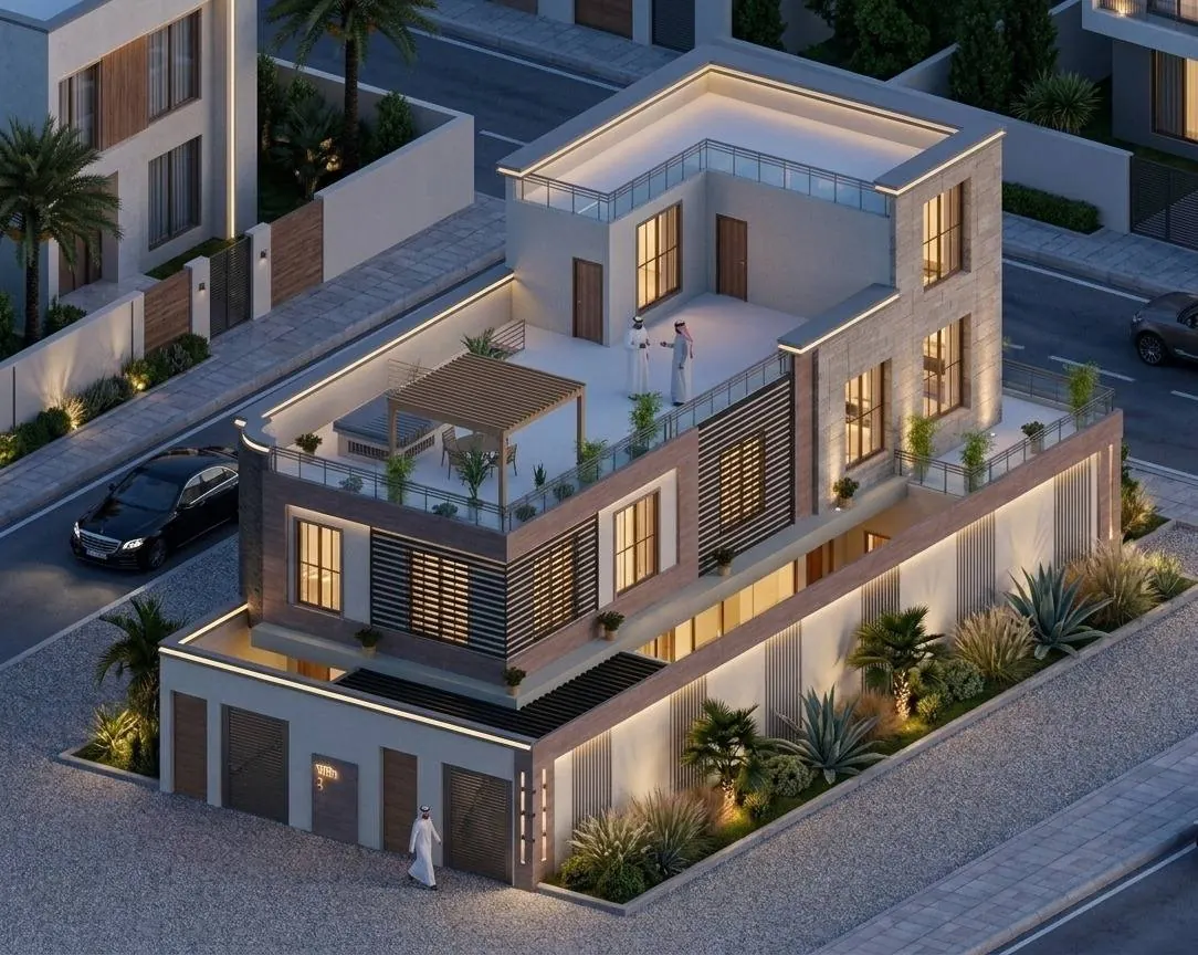 Villa facade at night, accent lighting on layered stone